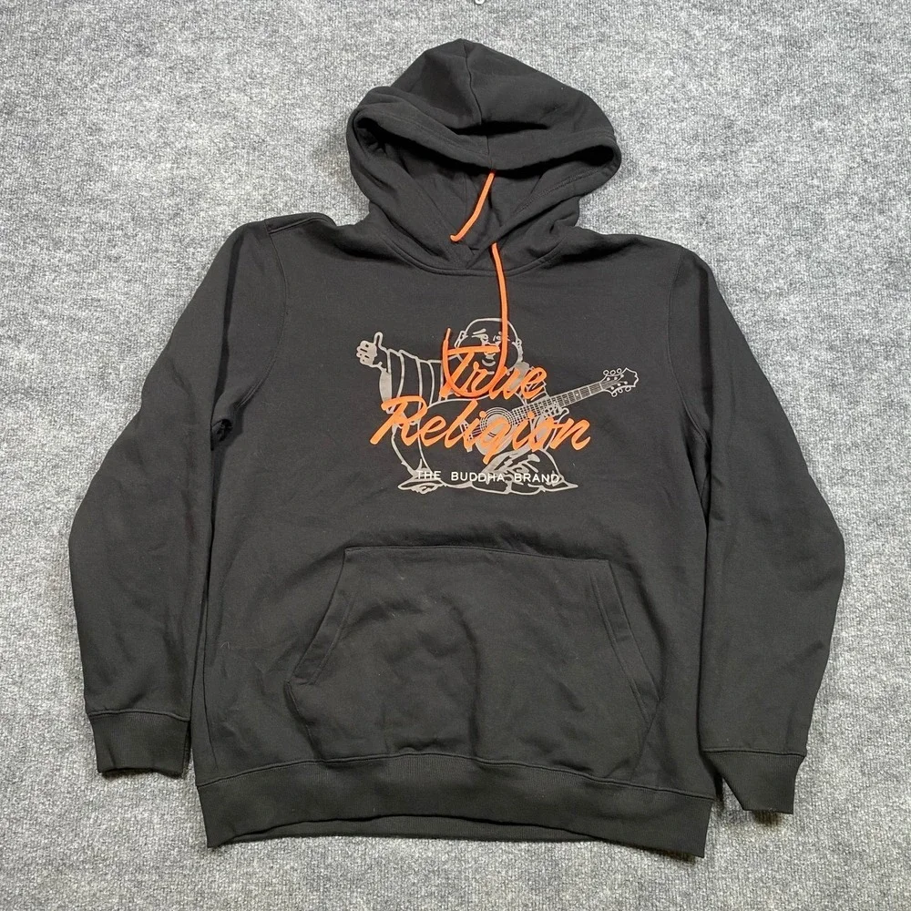 True Religion Mens Buddha Brand Logo Hoodie Black Orange Graphic‎ XL Pullover